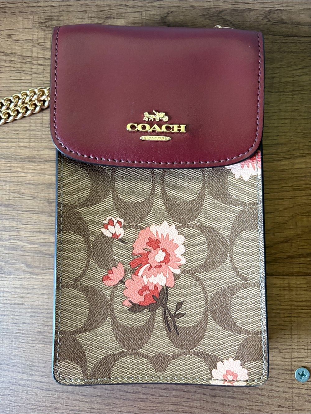 Coach Burgundy Floral Signature Crossbody Phone Bag with Gold Chain - Picture 2 of 5